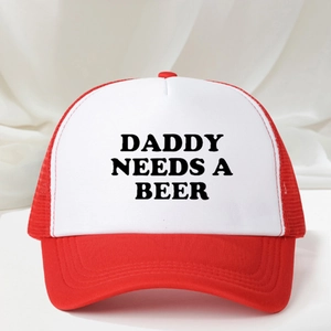 Red and white trucker hat with DADDY NEEDS A BEER text and breathable mesh back