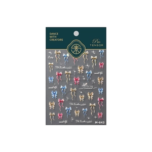 3D embossed bow nail art stickers in various colors on a professional display card