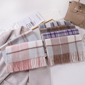 Classic Australian wool check scarves in multi-color plaid patterns with long fringe details