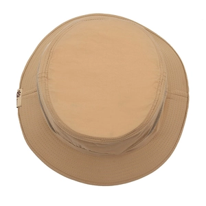 Khaki outdoor sun hat with wide brim, breathable mesh panel and adjustable drawstring