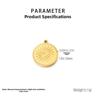 Macro detail of a 13x12mm golden stainless steel sun evil eye charm for DIY jewelry making