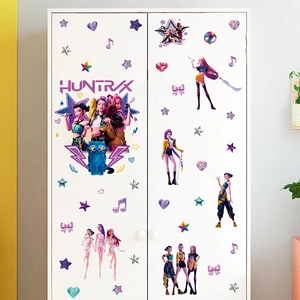 K-pop style anime girls and blue cat PVC wall stickers on white wardrobe surface