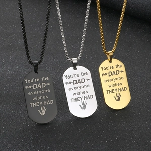 Dad stainless steel dog tag necklaces in black, silver, and gold with engraved lettering