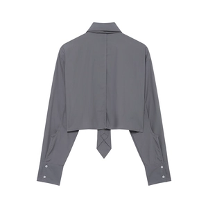Grey long-sleeved cropped poplin shirt with unique tie detail on back over white background