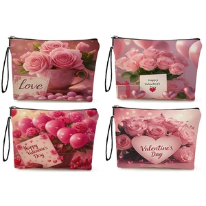 Valentine Rose Floral Print Cosmetic Bag Fine Linen Zipper Makeup Pouch Travel Toiletry Organizer Portable Wristlet Handle