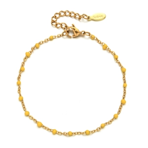 Detail view of gold stainless steel chain with yellow enamel beads and lobster clasp