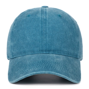 Detailed view of the washed navy blue cotton baseball cap with vintage embroidery texture