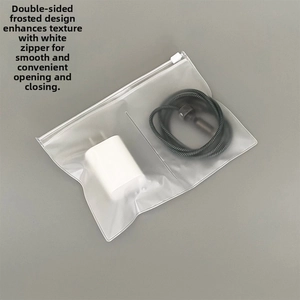 Macro detail of a semi-transparent frosted PVC cable storage pouch with white zipper
