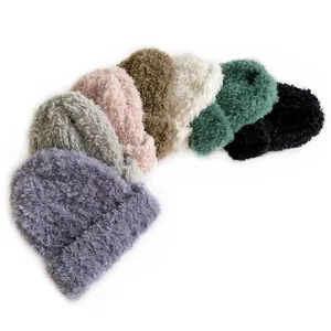 Chic winter plush knit beanies in seven colors with soft long faux fur texture