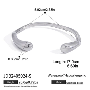 Polished silver stainless steel open bangle with detailed dimensions and weight specs