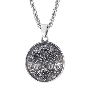 Retro stainless steel tree of life pendant necklace with silver relief and twist chain
