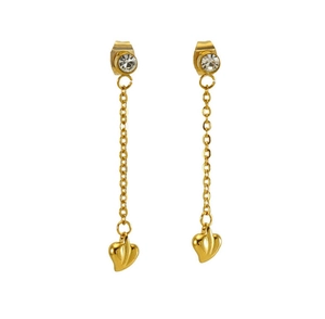 Detail of long gold tassel earrings with crystal studs and heart-shaped dangles