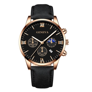 Close-up of Geneva men's watch with rose gold case, black dial, and leather strap detail