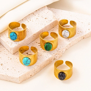 Five-piece set of adjustable geometric stainless steel rings with colorful stone inlays