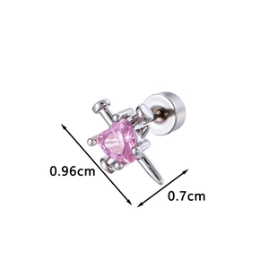 Pink heart zircon surgical steel screw back earring with industrial cross design