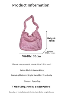 Close-up of pink leopard plush tote bag showing detailed dimensions and spacious interior
