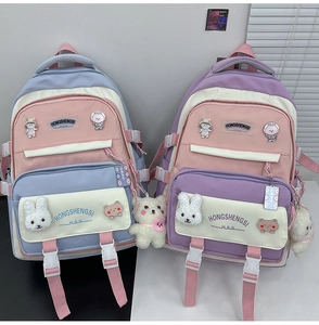Detail of school backpacks with multiple compartments, cartoon badges, and plush charms