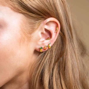 Detailed view of colorful fruit stud earrings featuring pineapple and watermelon designs