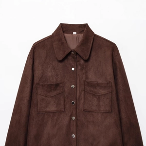 Women's dark brown faux suede utility jacket with silver buttons and chest pockets
