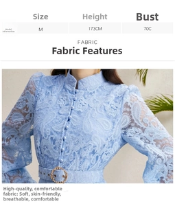Close-up of light blue lace dress with stand collar, button front and waist belt