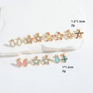 Retro colorful star and Hand of Fatima stud earrings set in gold-plated alloy