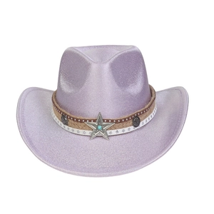 Chapeau de cowboy violet scintillant avec étoile argentée et bande décorative