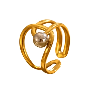 Detailed view of bicolor golden hollow line ring featuring a polished silver sphere ornament