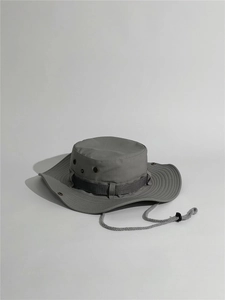 Close-up of grey outdoor sun hat featuring breathable vents and adjustable wind rope details