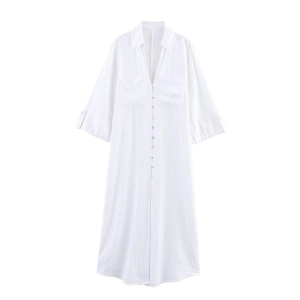 Minimalist white cotton linen shirt dress with classic collar and front pockets