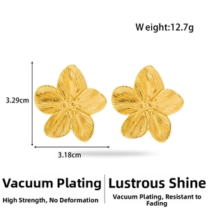 Detailed view of gold five-petal flower earrings with radial texture and vacuum plating