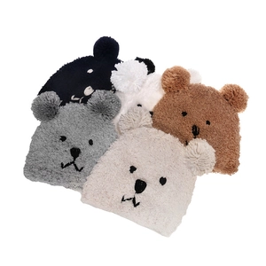 Cute Bear Ear Plush Knitted Hat Winter Warm Ear Protection Cartoon Embroidered Beanie Cap For Women Girls