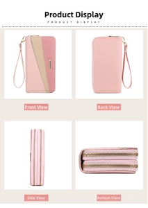 Pink women's long double zipper wallet with sleek gold trim and wrist strap