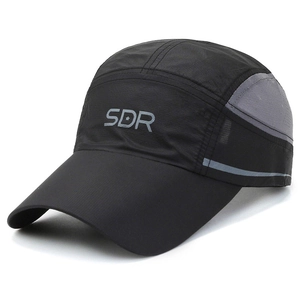 Breathable mesh running cap with SDR logo in black and gray patchwork sports design