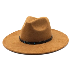 Camel wide brim suede felt fedora hat featuring black band with turquoise bead accents