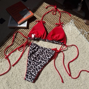 Sexy leopard print and red triangle bikini set with adjustable halter neck ties
