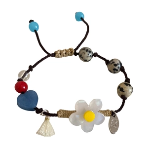 Bracelet en perles de résine avec pierres, breloque fleur et gland sur cordon