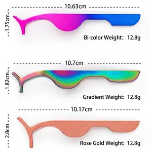 Three multi-colored stainless steel eyelash tweezers in rose gold and gradient finishes