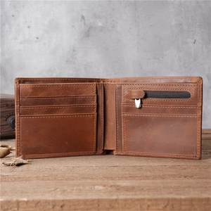 Vintage brown genuine leather bifold wallet for men with card slots and zipper pocket