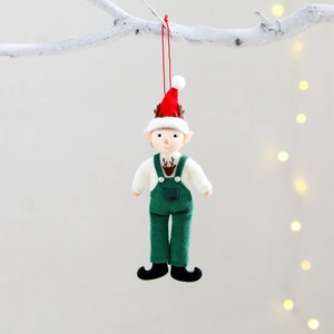 Christmas elf plush ornament in red and green hanging on a decorative white branch