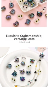 Macro detail of pearlescent cartoon cat beads for DIY jewelry and handmade bracelets