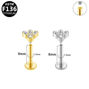 F136 Titanium labret stud with fan-shaped marquise zircon inlay in silver and gold