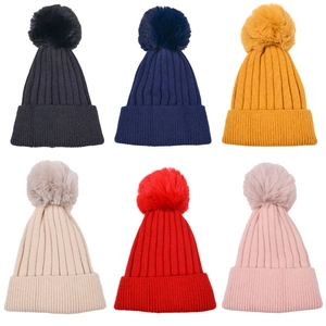 Winter thermal knit beanie hats for kids with faux fur pom pom in six vibrant colors