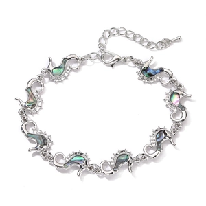 Silver beaded seahorse bracelet with abalone shell inlay and adjustable lobster clasp