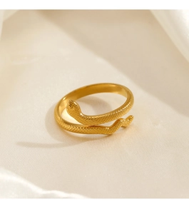 Detailed macro view of 18K gold plated snake ring showing realistic scale texture