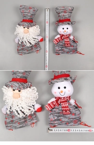Detailed view of Santa and Snowman fabric gift bags with measuring tape showing 40cm height