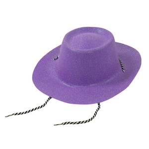 Lila Glitzer-Cowboyhut mit schwarz-weiß gestreifter Kordel für Karneval und Partys