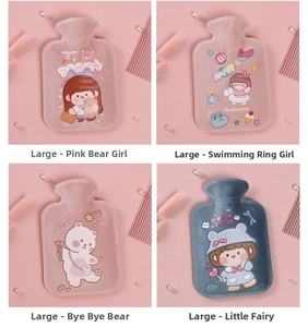 Detail view of large plush hot water bottles with cute cartoon designs and soft velvet covers