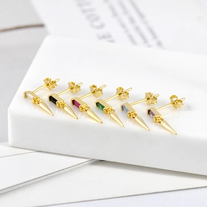 S925 silver needle punk geometric earrings set with colorful zircon cone drop studs