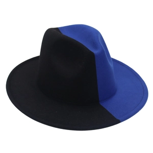 Close-up of the two-tone felt fedora hat featuring black and blue color-block design