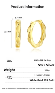 Detailed size specifications of wavy S925 sterling silver hoop earrings with 18K gold finish